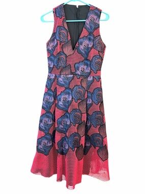 Sachin & Babi Floral Mesh Overlay Midi Dress Size Small Pink Blue party